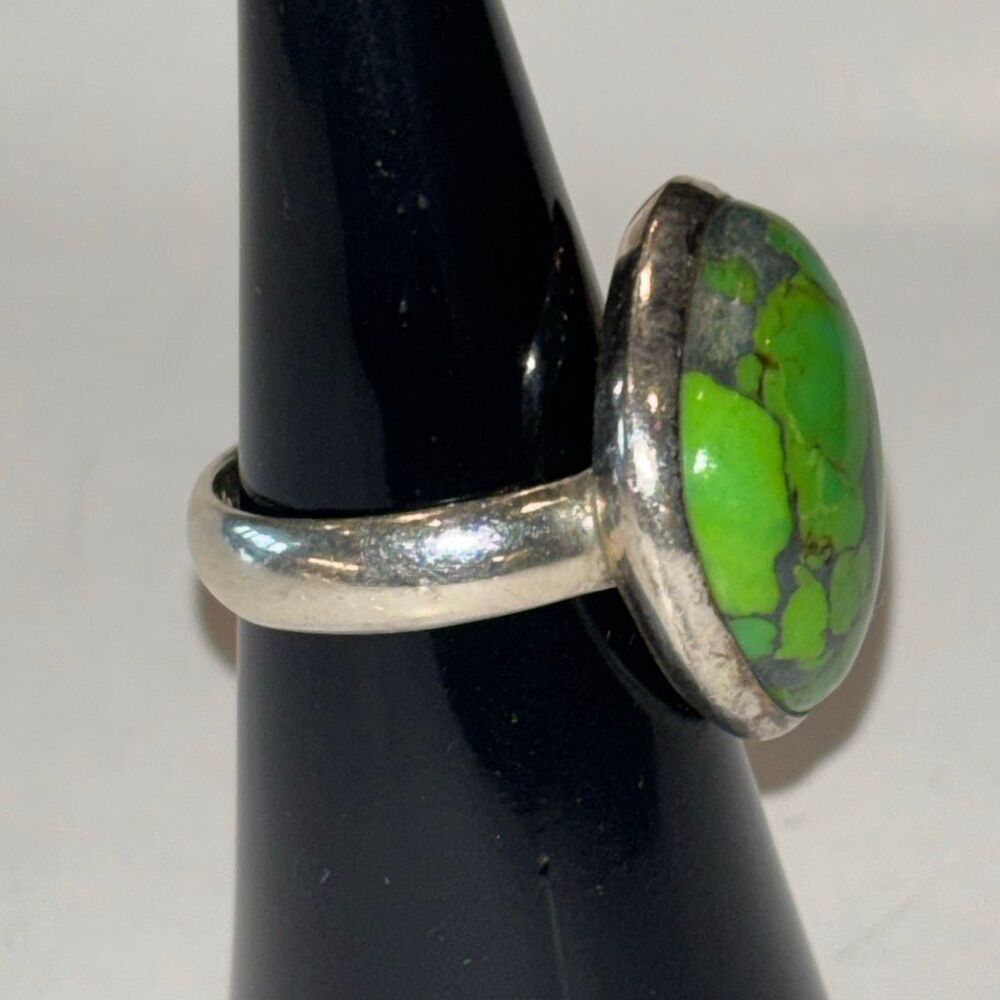 Green Mojave turquoise & 925 sterling silver ring Sz 5.5 copper vein 4.94g 15x11 - Picture 2 of 7
